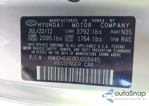 2013 Hyundai Elantra Gs from USA, damaged, VIN KMHDH6AE8DU008445